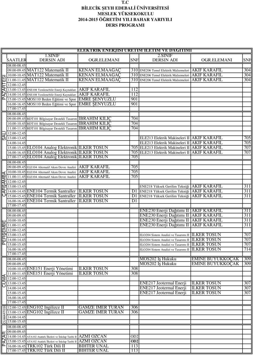 Enerji Kaynakları AKİF KARAFİL 112 MOS110 Beden Eğitimi ve Spor EMRE ŞENYÜZLÜ 901 MOS110 Beden Eğitimi ve Spor EMRE ŞENYÜZLÜ 901 BDT101 Bilgisayar Destekli TasarımİBRAHİM KILIÇ 704 BDT101 Bilgisayar