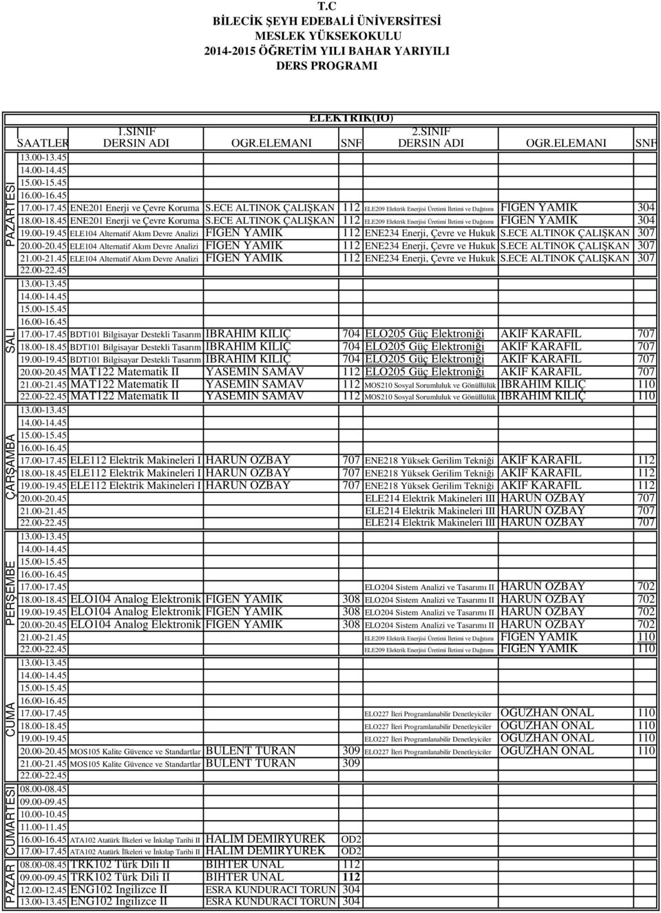 ECE ALTINOK ÇALIŞKAN 307 20.00-20.45 ELE104 Alternatif Akım Devre Analizi FİGEN YAMIK 112 ENE234 Enerji, Çevre ve Hukuk S.