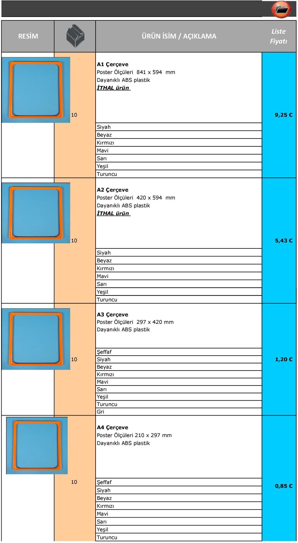 Dayanıklı ABS plastik İTHAL ürün 5,43 A3 Çerçeve Poster Ölçüleri 297 x 420 mm