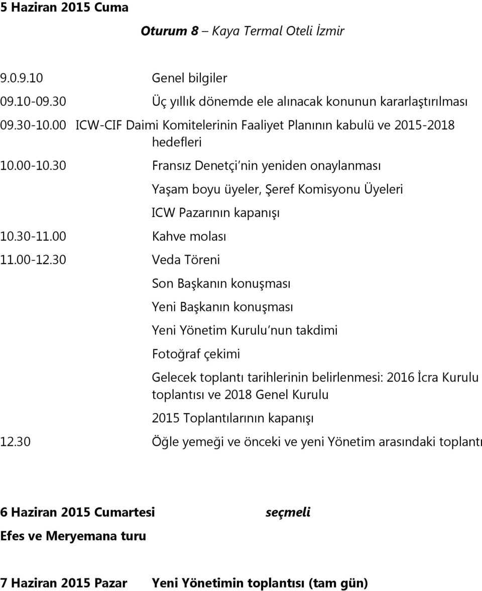 30 Fransız Denetçi nin yeniden onaylanması Yaşam boyu üyeler, Şeref Komisyonu Üyeleri ICW Pazarının kapanışı 10.30-11.00 Kahve molası 11.00-12.