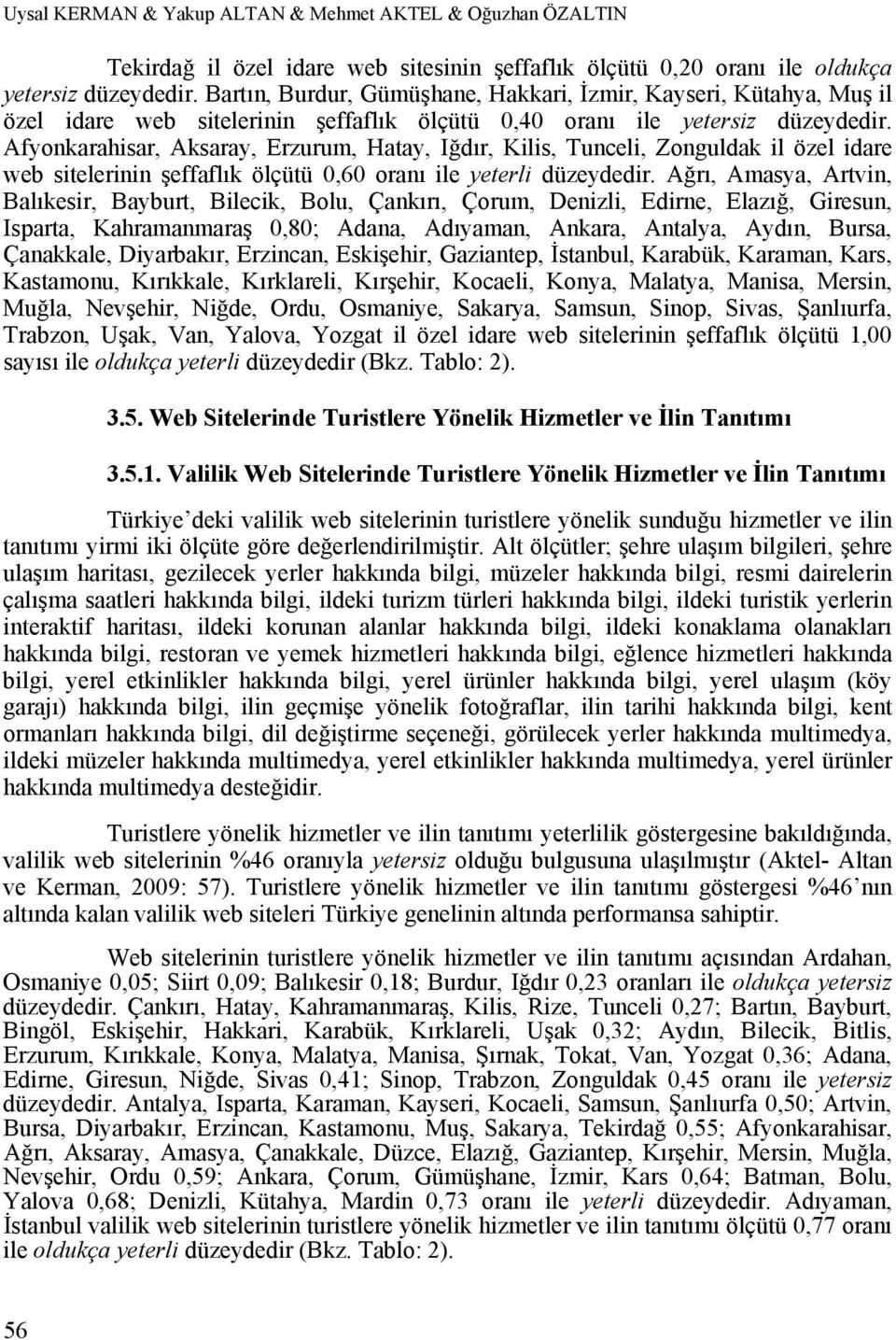 Afyonkarahisar, Aksaray, Erzurum, Hatay, Iğdır, Kilis, Tunceli, Zonguldak il özel idare web sitelerinin şeffaflık ölçütü 0,60 oranı ile yeterli düzeydedir.