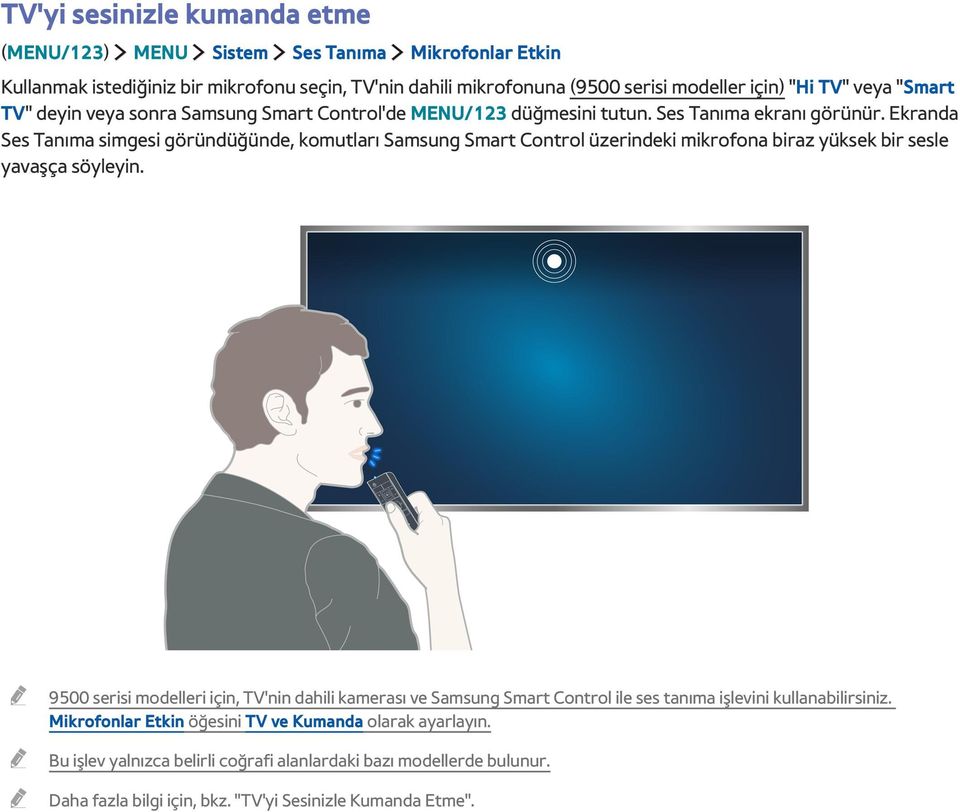 Ekranda Ses Tanıma simgesi göründüğünde, komutları Samsung Smart Control üzerindeki mikrofona biraz yüksek bir sesle yavaşça söyleyin.