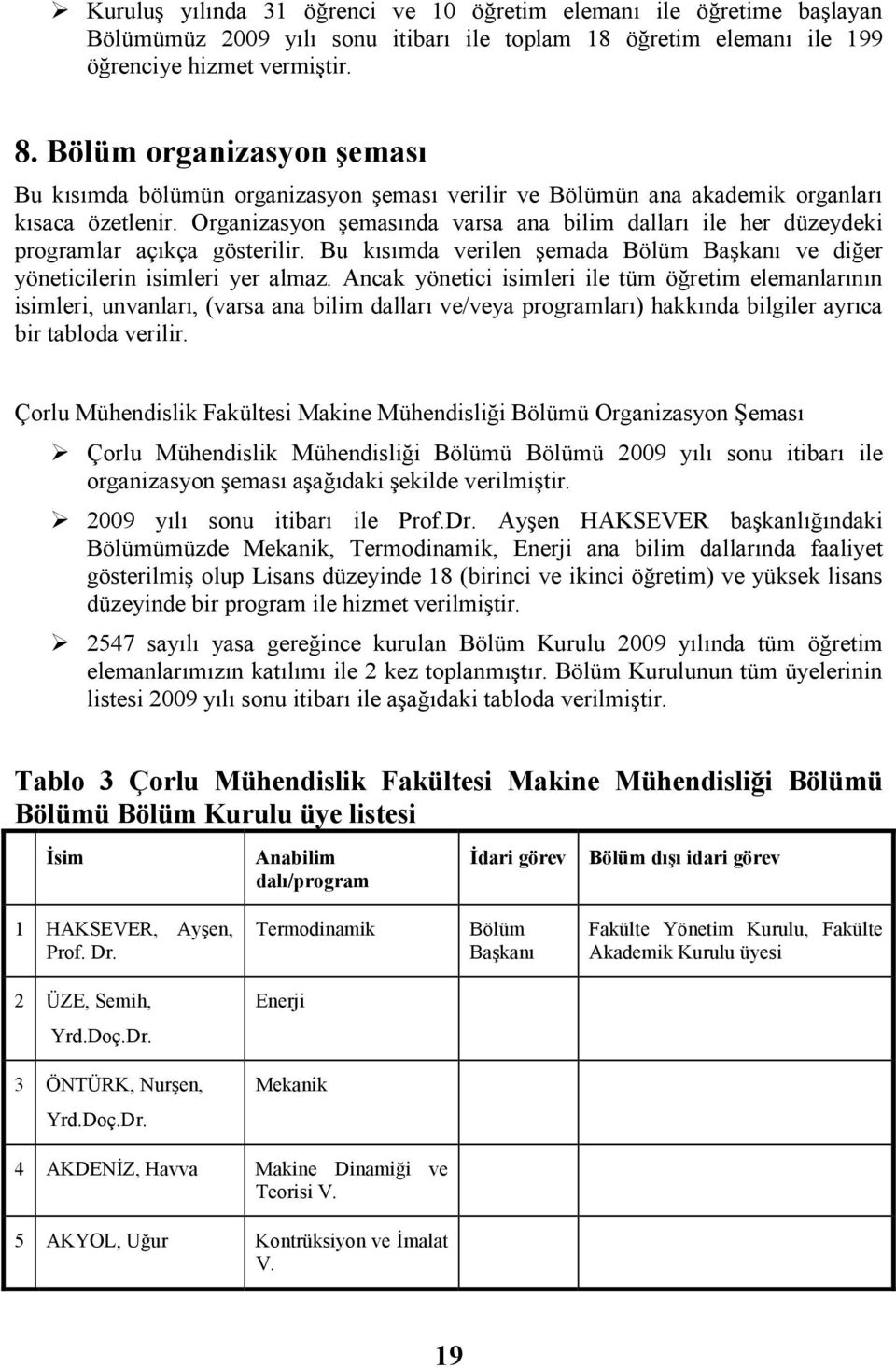 Organzasyon şemasında varsa ana blm dalları le her düzeydek programlar açıkça gösterlr. Bu kısımda verlen şemada Bölüm Başkanı ve dğer yönetclern smler yer almaz.