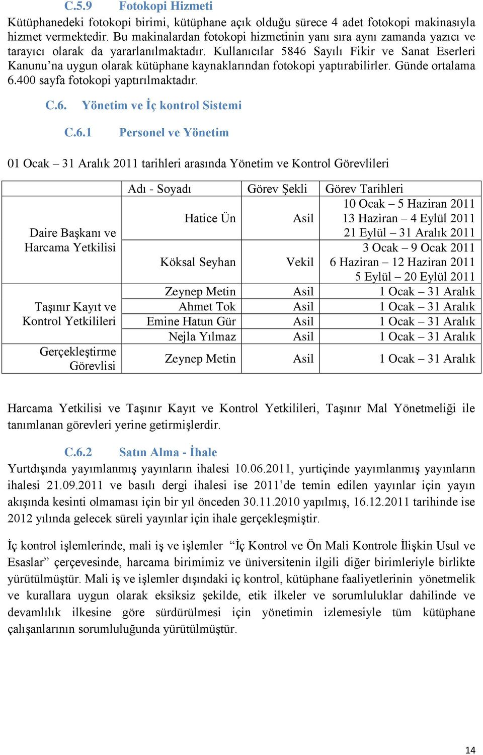 Kullanıcılar 5846 Sayılı Fikir ve Sanat Eserleri Kanunu na uygun olarak kütüphane kaynaklarından fotokopi yaptırabilirler. Günde ortalama 6.400 sayfa fotokopi yaptırılmaktadır. C.6. Yönetim ve İç kontrol Sistemi C.