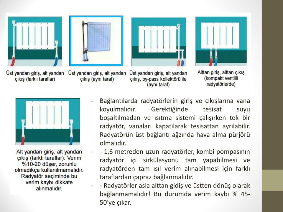 Radyatörün üst bağlantı ağzında hava alma pürjörü olmalıdır.