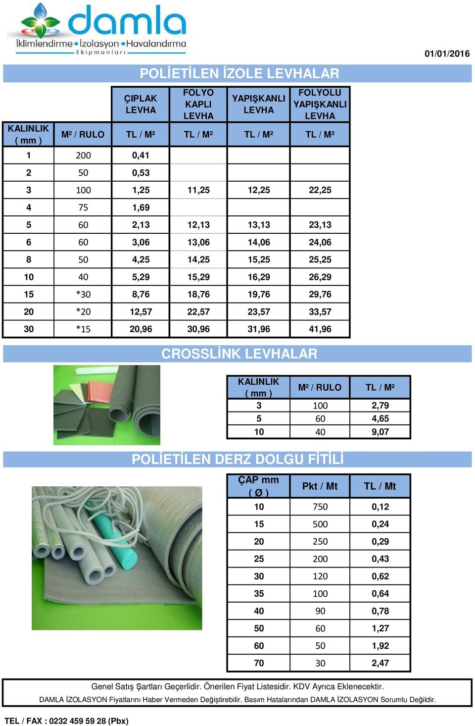 19,76 29,76 20 *20 12,57 22,57 23,57 33,57 30 *15 20,96 30,96 31,96 41,96 01/01/2016 CROSSLİNK LEVHALAR KALINLIK / RULO TL / 3 100 2,79 5 60 4,65 10 40 9,07