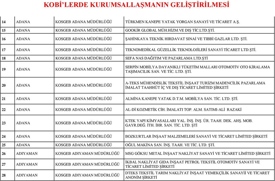 ŞTİ 19 ADANA KOSGEB ADANA SERPİN MOBİLYA DAYANIKLI TÜKETİM MALLARI OTOMOTİV OTO KİRALAMA TAŞIMACILIK SAN. VE TİC. LTD. ŞTİ.