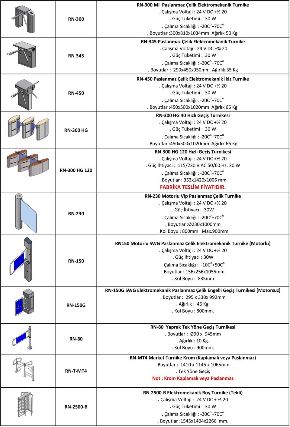 RN-300 HG 40 Hızlı Geçiş Turnikesi. Boyutlar :450x500x1020mm Ağırlık 66 Kg. RN-300 HG 120 Hızlı Geçiş Turnikesi. Güç İhtiyacı : 115/230 V AC 50/60 Hz. 30 W.