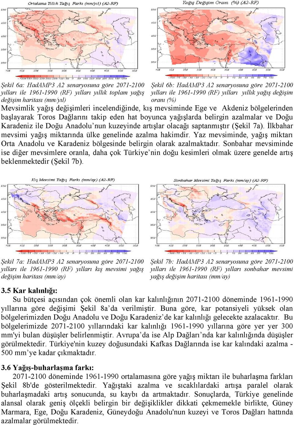 belirgin azalmalar ve Doğu Karadeniz ile Doğu Anadolu nun kuzeyinde artışlar olacağı saptanmıştır (Şekil 7a). İlkbahar mevsimi yağış miktarında ülke genelinde azalma hakimdir.
