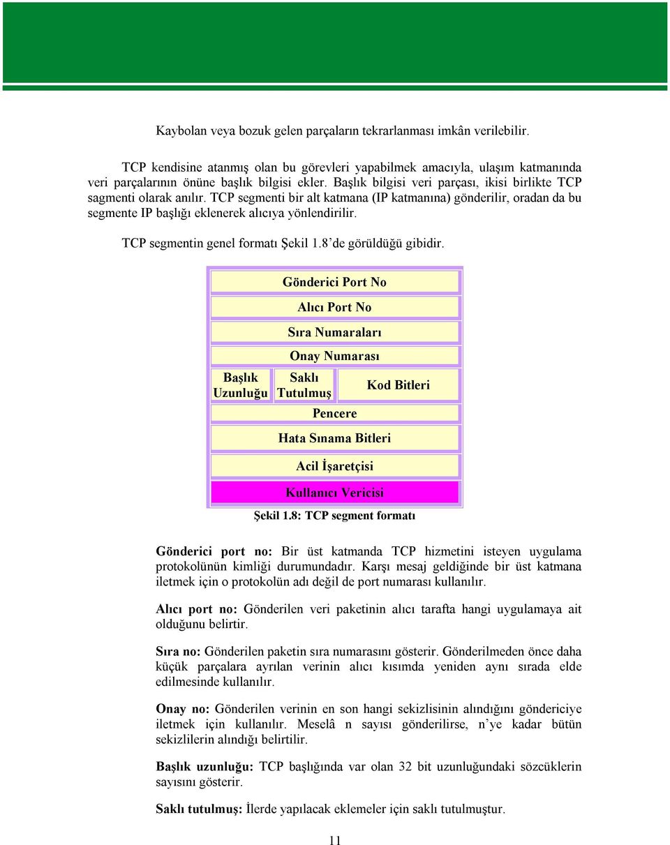 TCP segmentin genel formatı Şekil 1.8 de görüldüğü gibidir.