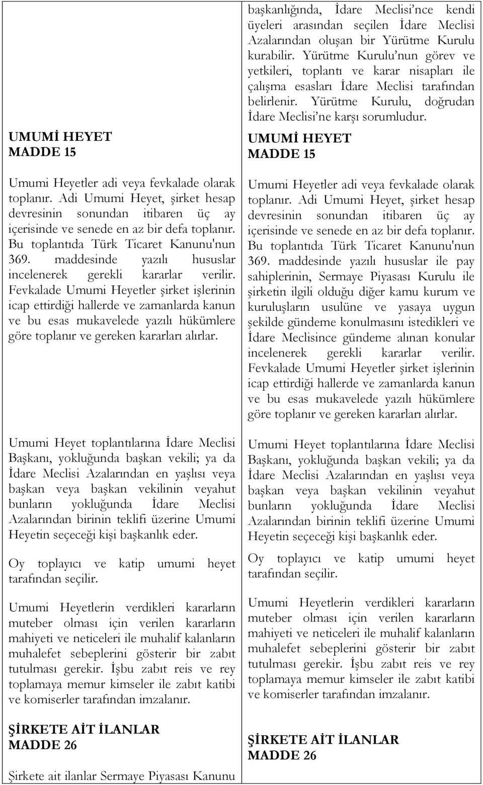 Fevkalade Umumi Heyetler şirket işlerinin icap ettirdiği hallerde ve zamanlarda kanun ve bu esas mukavelede yazılı hükümlere göre toplanır ve gereken kararları alırlar.