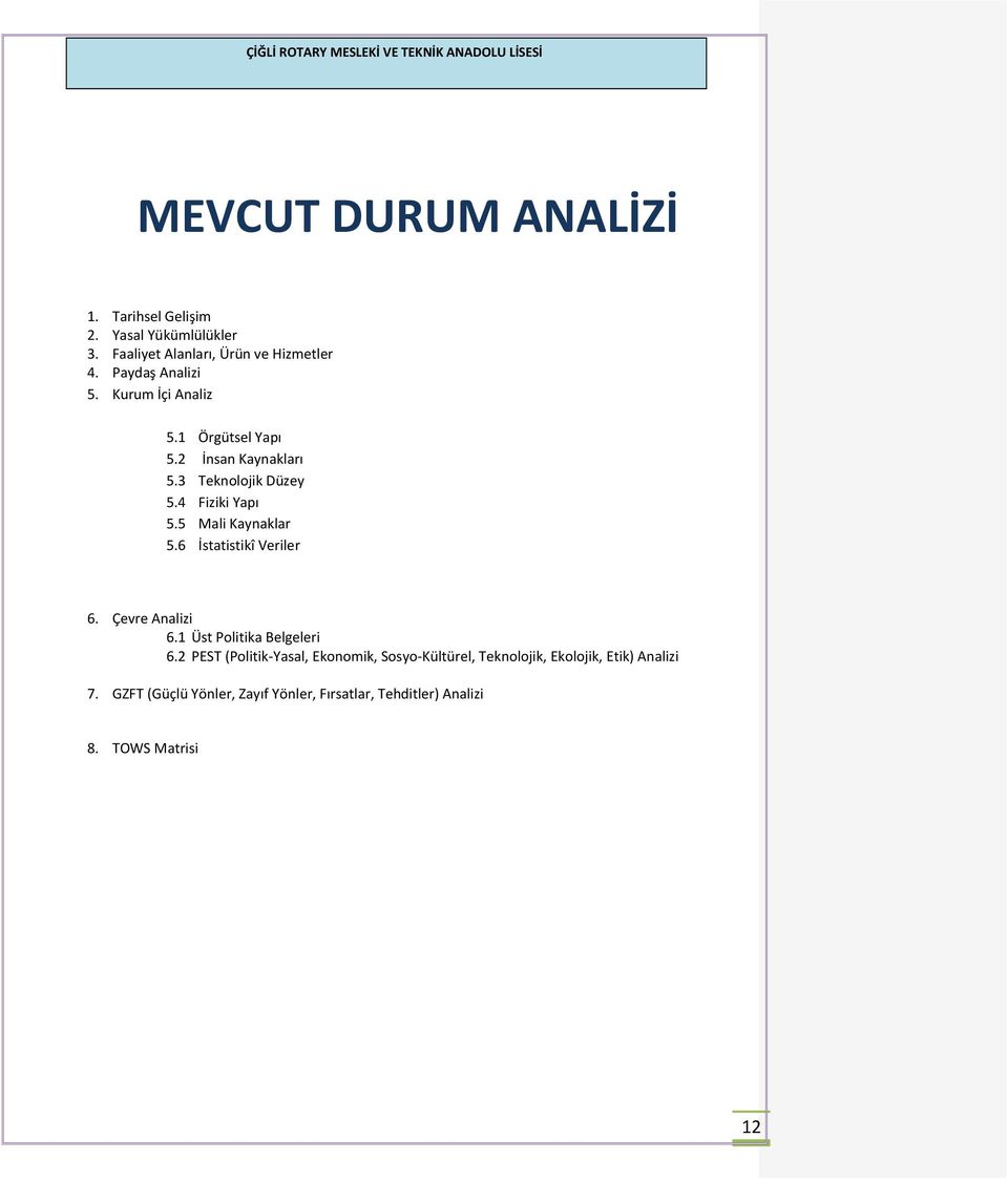 5 Mali Kaynaklar 5.6 İstatistikî Veriler 6. Çevre Analizi 6.1 Üst Politika Belgeleri 6.