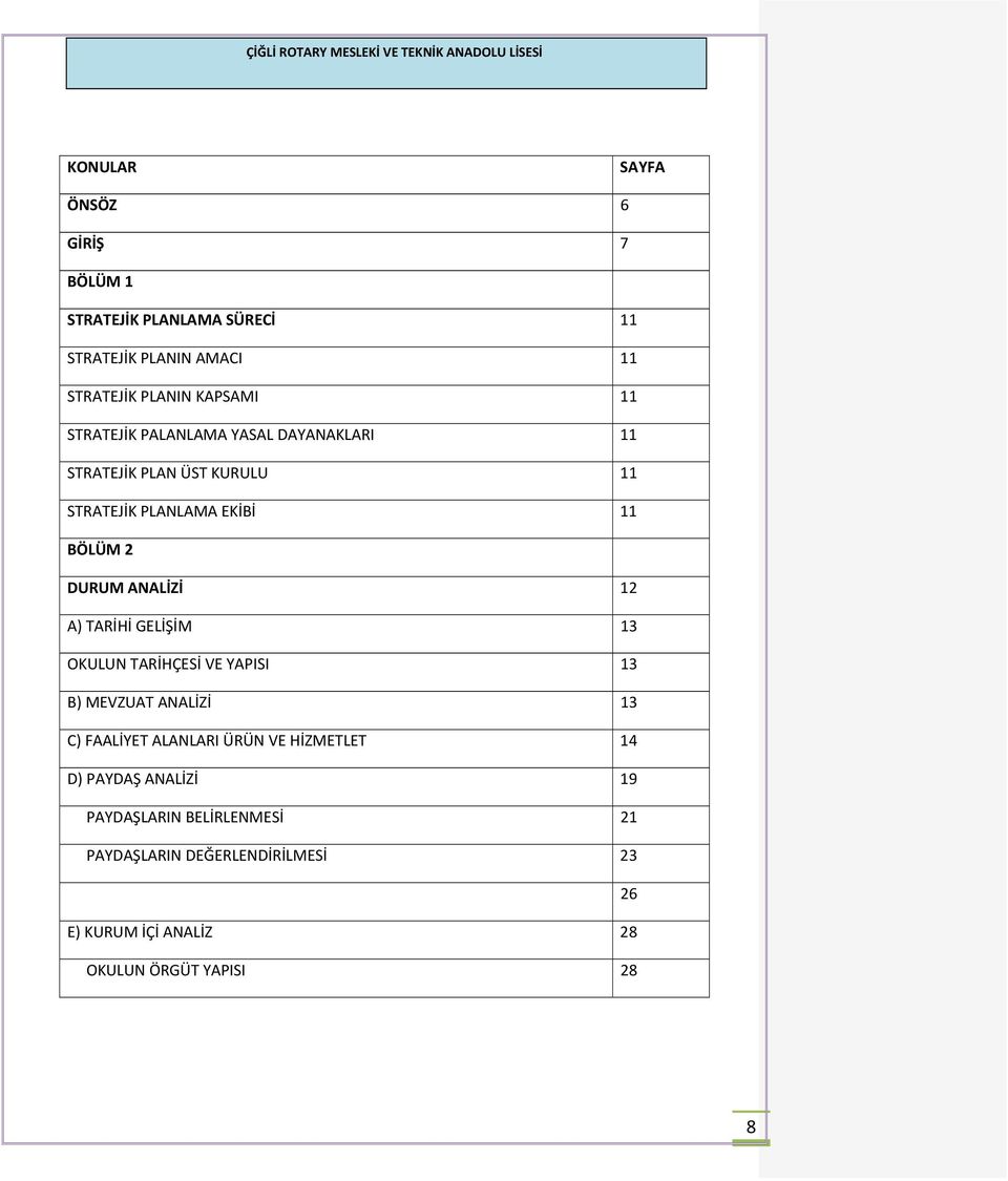 A) TARİHİ GELİŞİM 13 OKULUN TARİHÇESİ VE YAPISI 13 B) MEVZUAT ANALİZİ 13 C) FAALİYET ALANLARI ÜRÜN VE HİZMETLET 14 D)