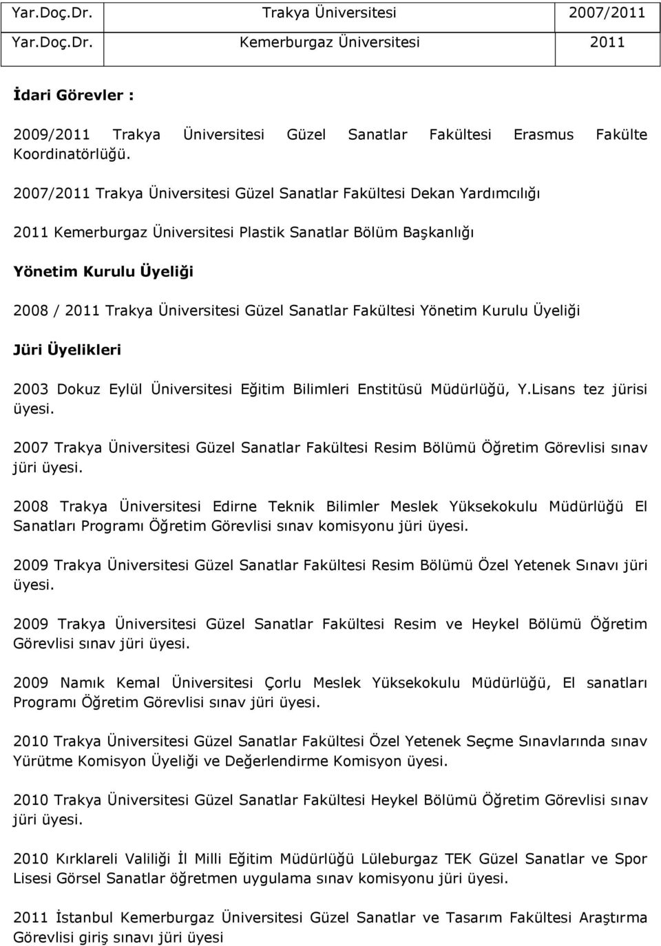 Sanatlar Fakültesi Yönetim Kurulu Üyeliği Jüri Üyelikleri 2003 Dokuz Eylül Üniversitesi Eğitim Bilimleri Enstitüsü Müdürlüğü, Y.Lisans tez jürisi üyesi.