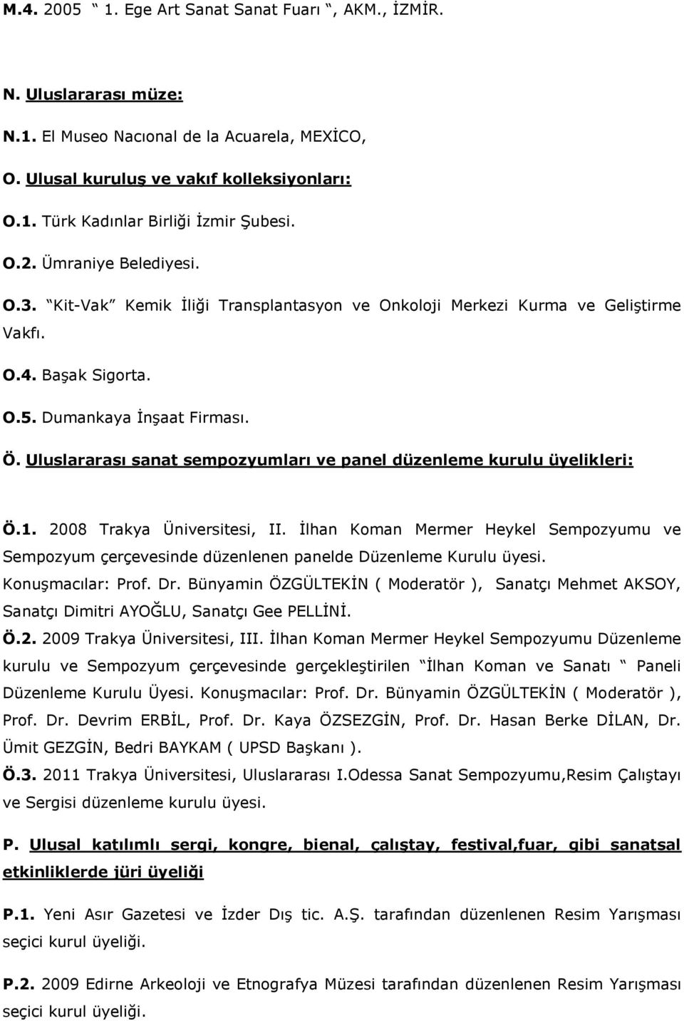 Uluslararası sanat sempozyumları ve panel düzenleme kurulu üyelikleri: Ö.1. 2008 Trakya Üniversitesi, II.