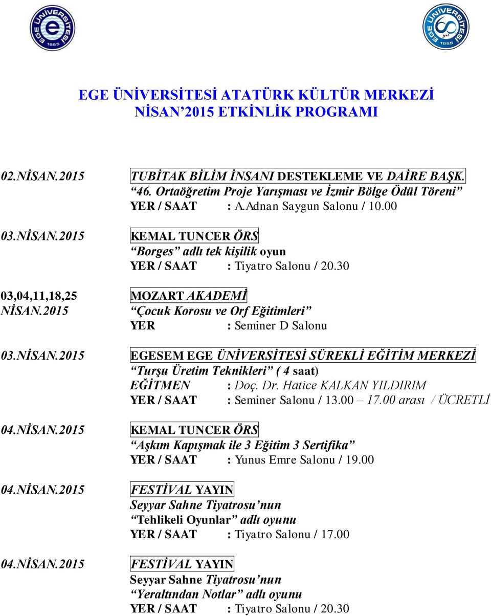 2015 Çocuk Korosu ve Orf Eğitimleri YER : Seminer D Salonu 03.NİSAN.2015 Turşu Üretim Teknikleri ( 4 saat) EĞİTMEN : Doç. Dr. Hatice KALKAN YILDIRIM YER / SAAT : Seminer Salonu / 13.00 17.