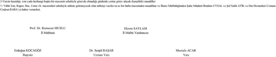 mazeretleri sebebiyle nöbete gelemeyecek olan nöbetçi vaizler en az bir hafta öncesinden muadiline ve İlimiz Müftülüğünden Şube