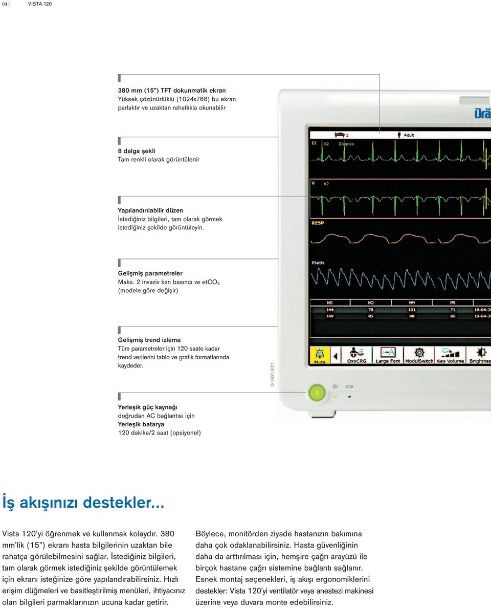 2 invaziv kan basıncı ve etco 2 (modele göre değişir) Gelişmiş trend izleme Tüm parametreler için 120 saate kadar trend verilerini tablo ve grafik formatlarında kaydeder.