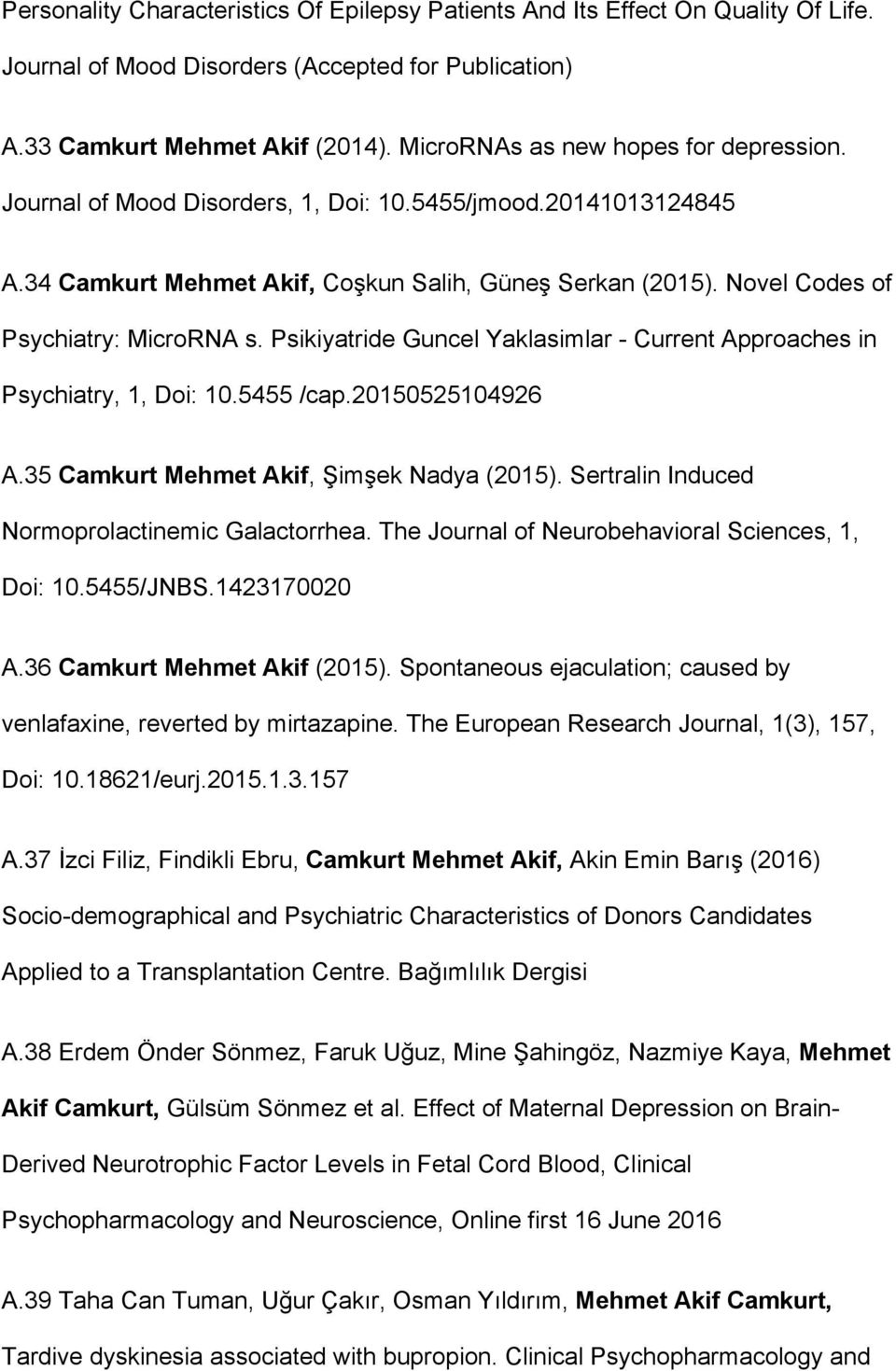 Novel Codes of Psychiatry: MicroRNA s. Psikiyatride Guncel Yaklasimlar - Current Approaches in Psychiatry, 1, Doi: 10.5455 /cap.20150525104926 A.35 Camkurt Mehmet Akif, Şimşek Nadya (2015).