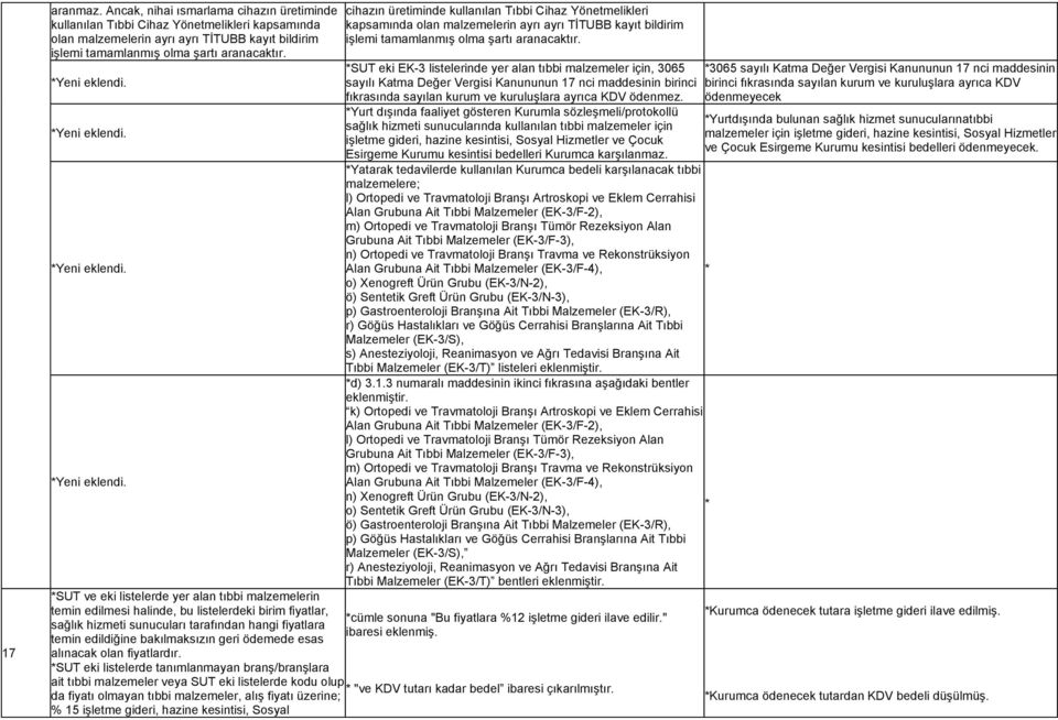 *SUT ve eki listelerde yer alan tıbbi malzemelerin temin edilmesi halinde, bu listelerdeki birim fiyatlar, sağlık hizmeti sunucuları tarafından hangi fiyatlara temin edildiğine bakılmaksızın geri