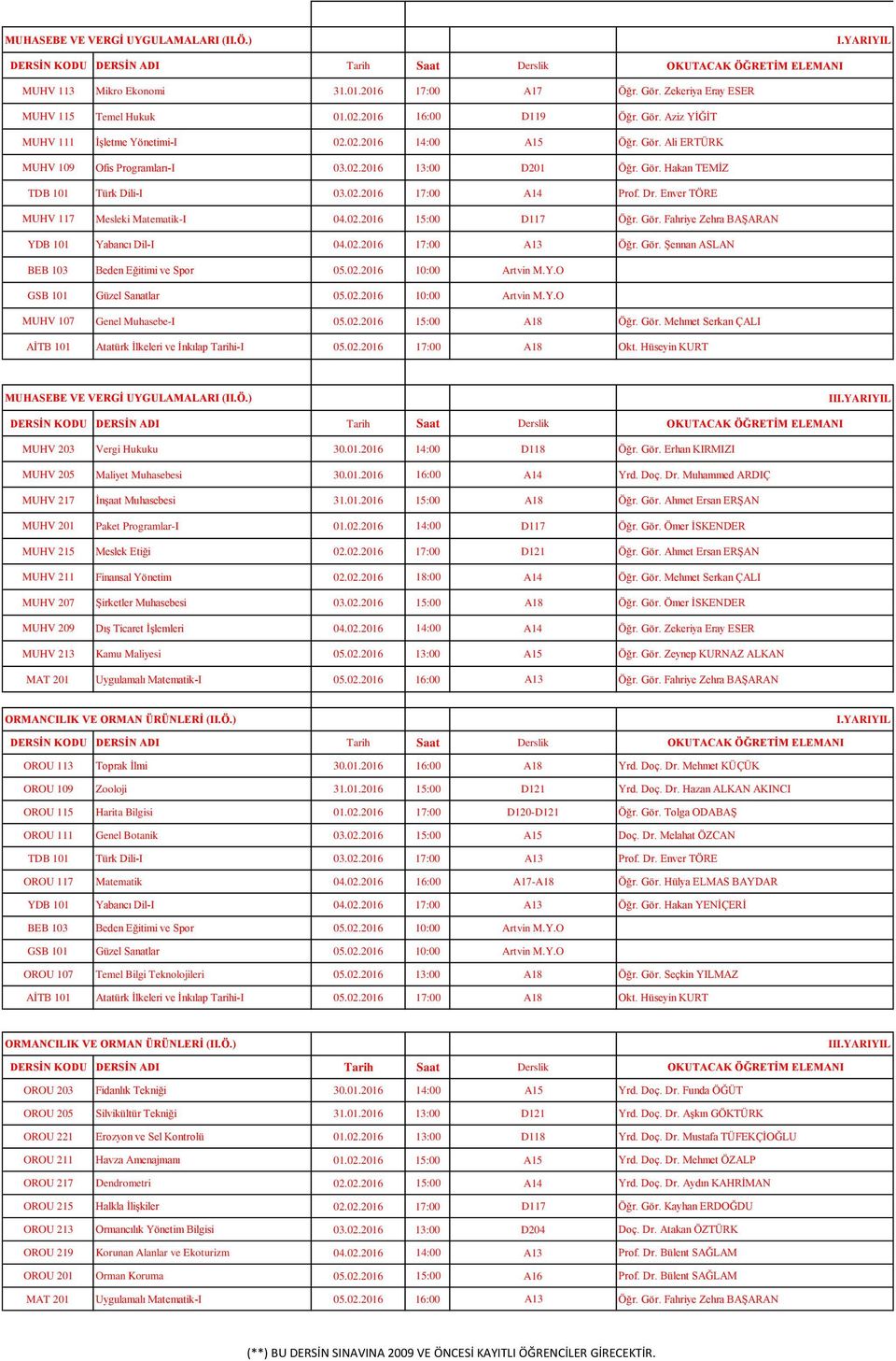 Enver TÖRE MUHV 117 Mesleki Matematik-I 04.02.2016 15:00 D117 Öğr. Gör. Fahriye Zehra BAŞARAN YDB 101 Yabancı Dil-I 04.02.2016 17:00 A13 Öğr. Gör. Şennan ASLAN MUHV 107 Genel Muhasebe-I 05.02.2016 15:00 A18 Öğr.