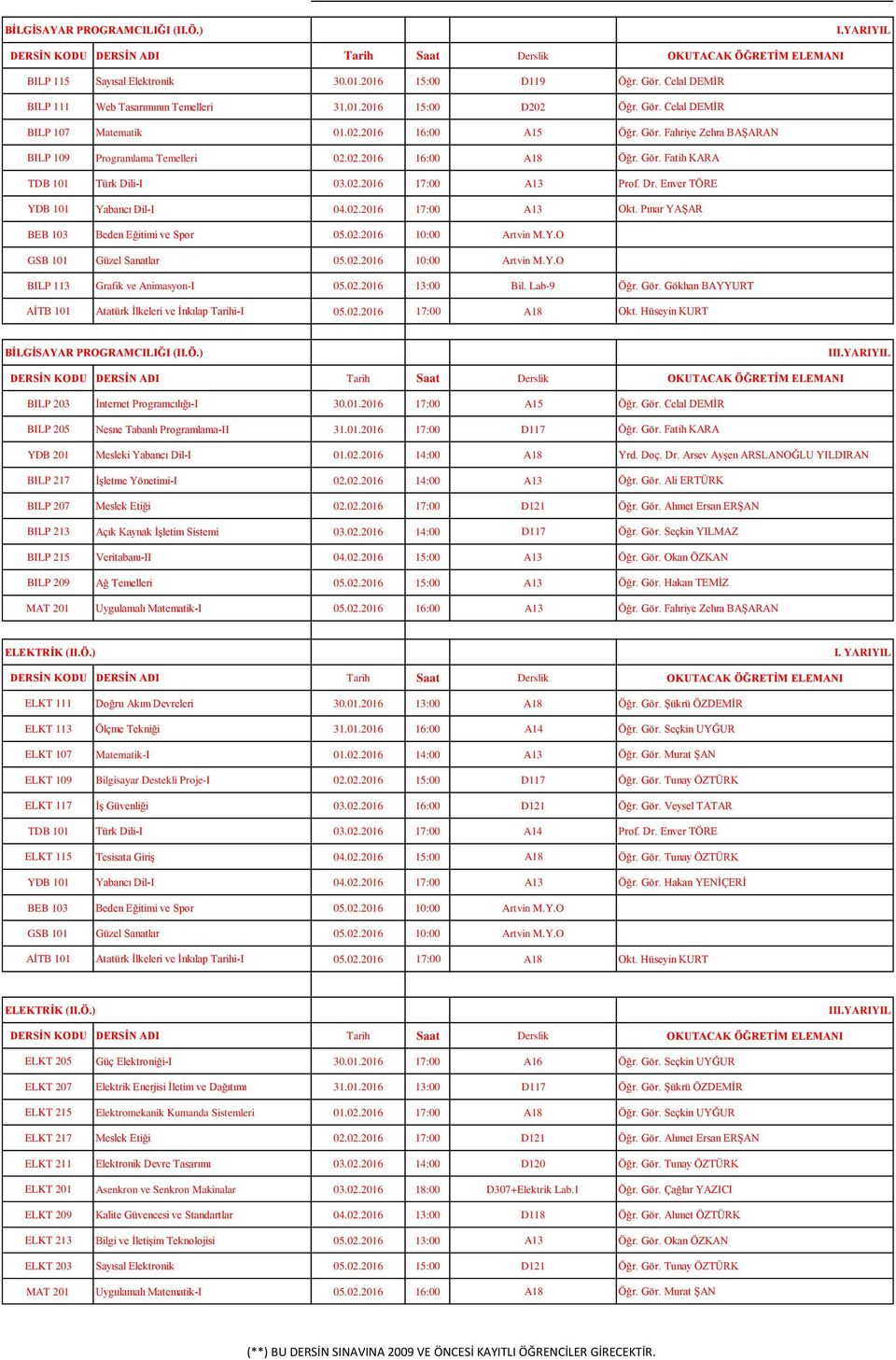 Enver TÖRE YDB 101 Yabancı Dil-I 04.02.2016 17:00 A13 Okt. Pınar YAŞAR BILP 113 Grafik ve Animasyon-I 05.02.2016 13:00 Bil. Lab-9 Öğr. Gör.
