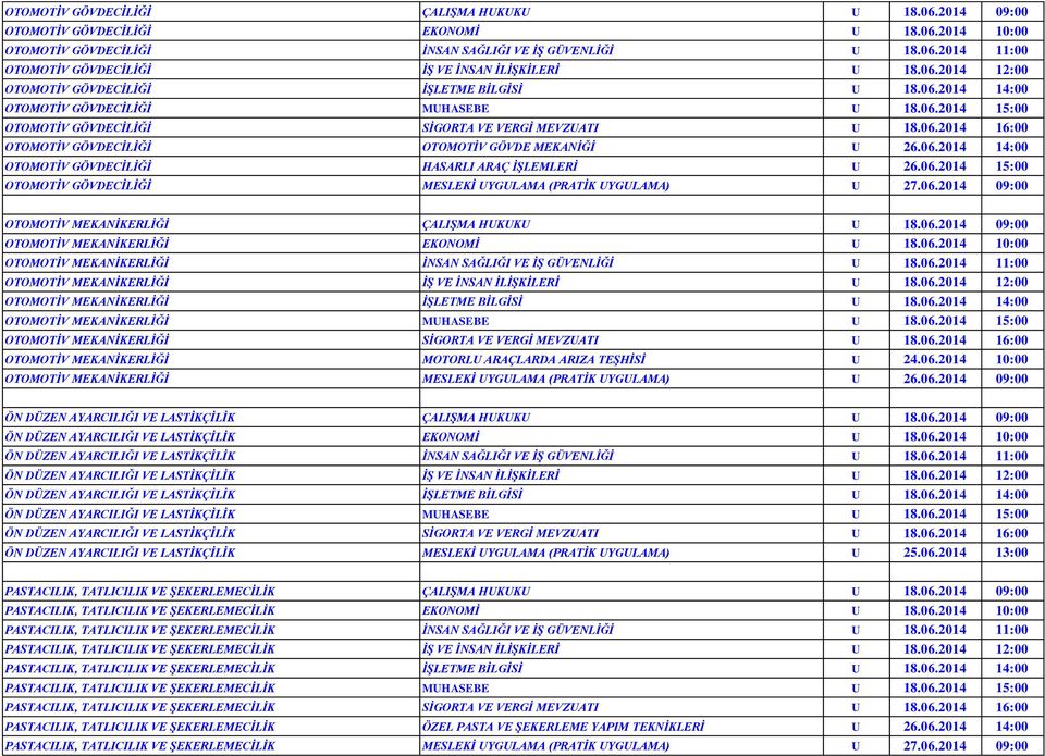 06.2014 14:00 OTOMOTİV GÖVDECİLİĞİ HASARLI ARAÇ İŞLEMLERİ U 26.06.2014 15:00 OTOMOTİV GÖVDECİLİĞİ MESLEKİ UYGULAMA (PRATİK UYGULAMA) U 27.06.2014 09:00 OTOMOTİV MEKANİKERLİĞİ ÇALIŞMA HUKUKU U 18.06.2014 09:00 OTOMOTİV MEKANİKERLİĞİ EKONOMİ U 18.