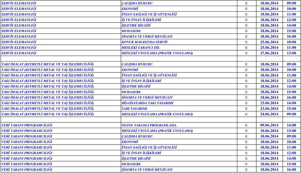 06.2014 10:00 SERVİS ELEMANLIĞI MESLEKİ YABANCI DİL U 25.06.2014 11:00 SERVİS ELEMANLIĞI MESLEKİ UYGULAMA (PRATİK UYGULAMA) U 27.06.2014 13:00 TAKI İMALAT (KIYMETLİ METAL VE TAŞ İŞLEMECİLİĞİ) ÇALIŞMA HUKUKU U 18.