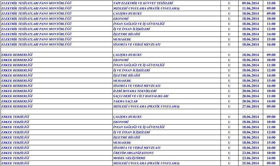 06.2014 12:00 ELEKTRİK TESİSATLARI PANO MONTÖRLÜĞÜ İŞLETME BİLGİSİ U 18.06.2014 14:00 ELEKTRİK TESİSATLARI PANO MONTÖRLÜĞÜ MUHASEBE U 18.06.2014 15:00 ELEKTRİK TESİSATLARI PANO MONTÖRLÜĞÜ SİGORTA VE VERGİ MEVZUATI U 18.