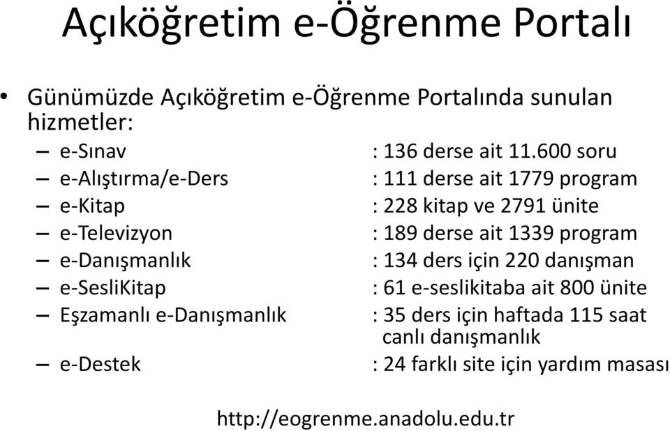 1339 program e-danışmanlık : 134 ders için 220 danışman e-seslikitap : 61 e-seslikitaba ait 800 ünite Eşzamanlı