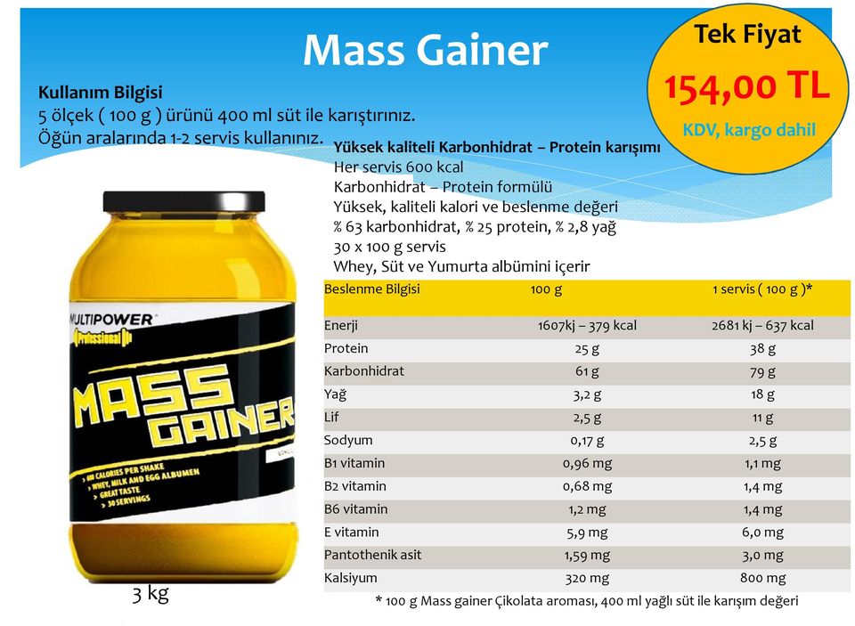 100 g servis Whey, Süt ve Yumurta albümini içerir Tek Fiyat 154,00 TL KDV, kargo dahil Beslenme Bilgisi 100 g 1 servis ( 100 g )* 3 kg Enerji 1607kj 379 kcal 2681 kj 637 kcal Protein 25 g 38 g