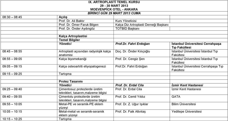 Dr. Önder Kılıçoğlu İstanbul Üniversitesi İstanbul Tıp 08:55 09:05 Kalça biyomekaniği Prof. Dr. Cengiz Şen İstanbul Üniversitesi İstanbul Tıp 09:05 09:15 Kalça osteoartriti etiyopatogenezi Prof.Dr. Fahri Erdoğan İstanbul Üniversitesi Cerrahpaşa Tıp 09:15 09:25 Tartışma Protez Tasarımı Yönetici Prof.