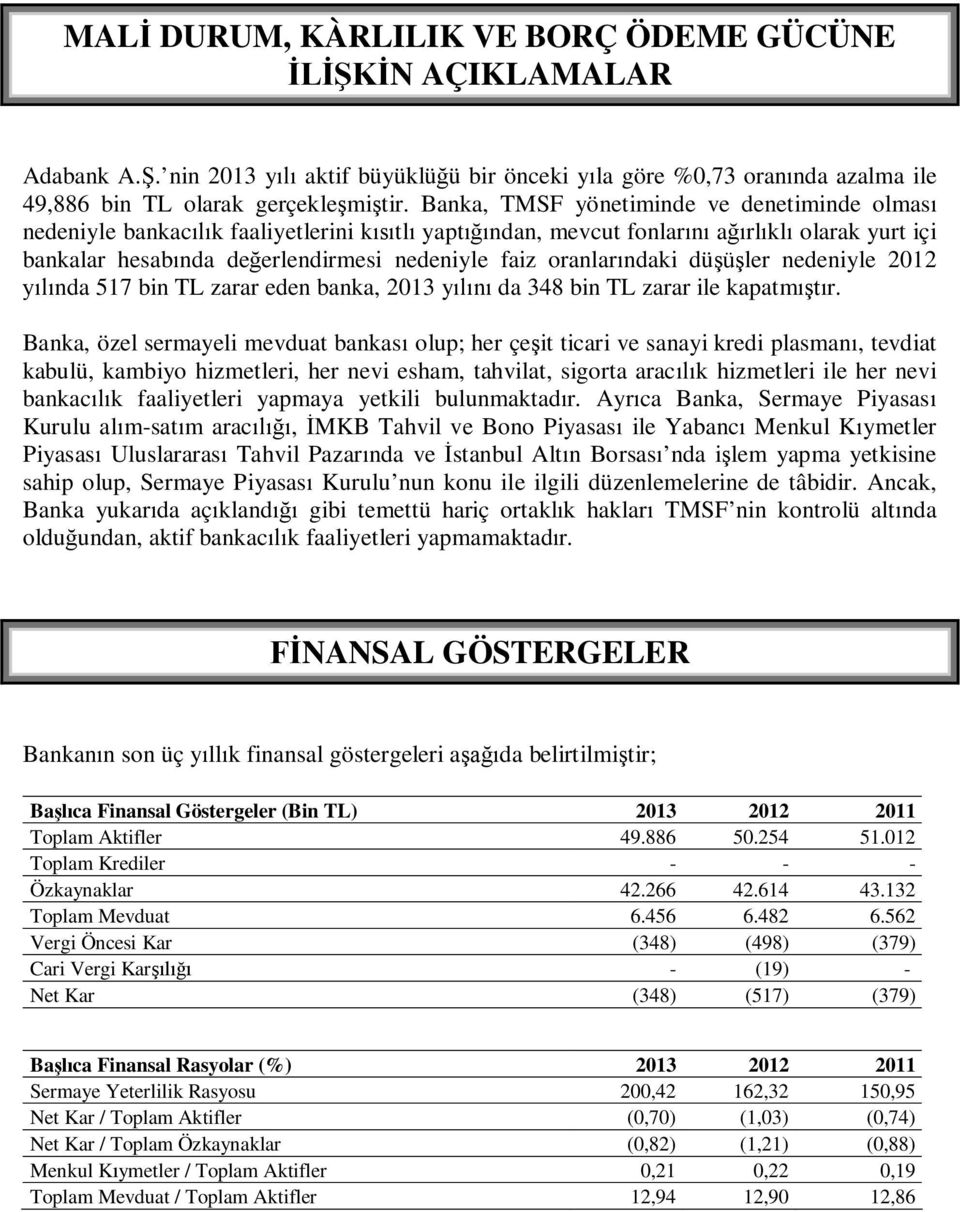 oranlarındaki düşüşler nedeniyle 2012 yılında 517 bin TL zarar eden banka, 2013 yılını da 348 bin TL zarar ile kapatmıştır.