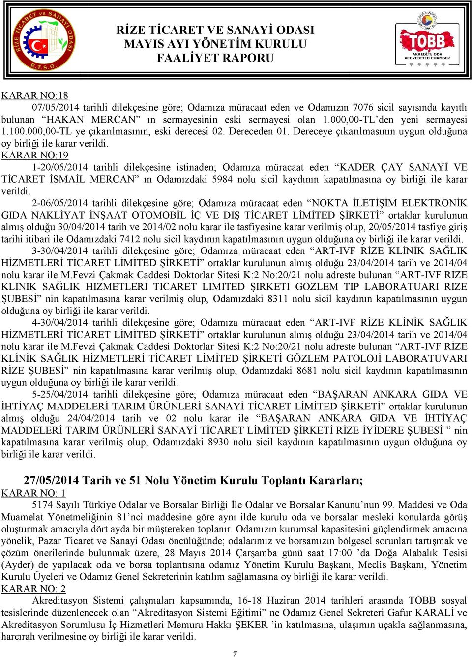 KARAR NO:19 1-20/05/2014 tarihli dilekçesine istinaden; Odamıza müracaat eden KADER ÇAY SANAYİ VE TİCARET İSMAİL MERCAN ın Odamızdaki 5984 nolu sicil kaydının kapatılmasına oy birliği ile karar