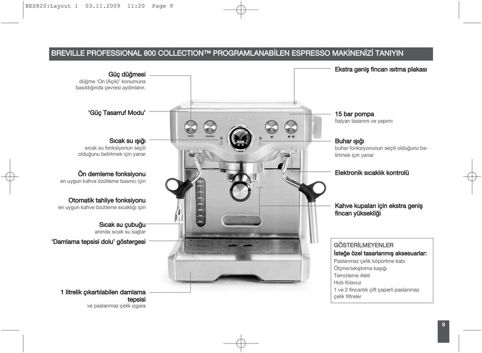 kahve özütleme basıncı için Buhar ışığı buhar fonksiyonunun seçili olduğunu belirtmek için yanar Elektronik sıcaklık kontrolü Otomatik tahliye fonksiyonu en uygun kahve özütleme sıcaklığı için Sıcak