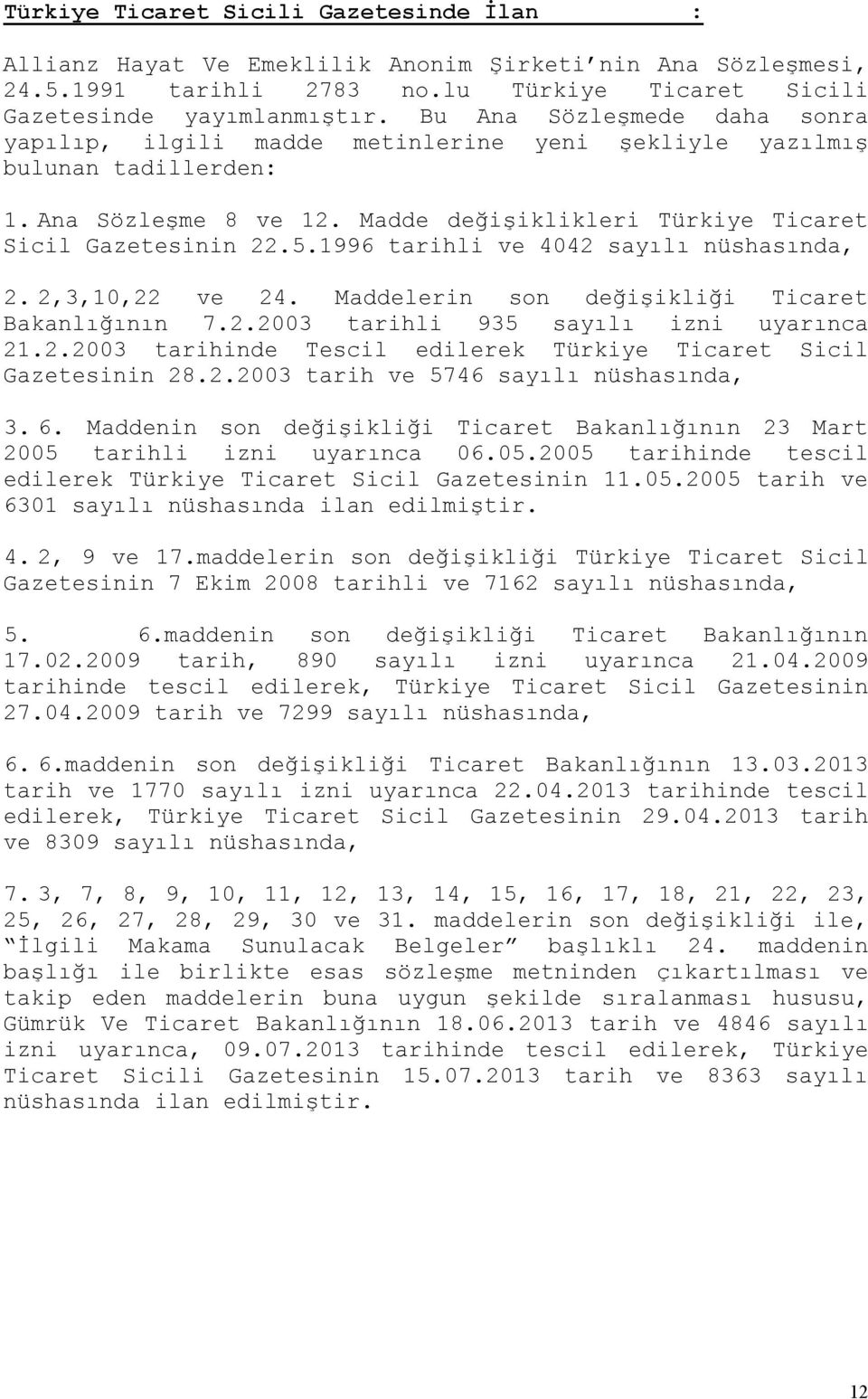 1996 tarihli ve 4042 sayılı nüshasında, 2. 2,3,10,22 ve 24. Maddelerin son değişikliği Ticaret Bakanlığının 7.2.2003 tarihli 935 sayılı izni uyarınca 21.2.2003 tarihinde Tescil edilerek Türkiye Ticaret Sicil Gazetesinin 28.