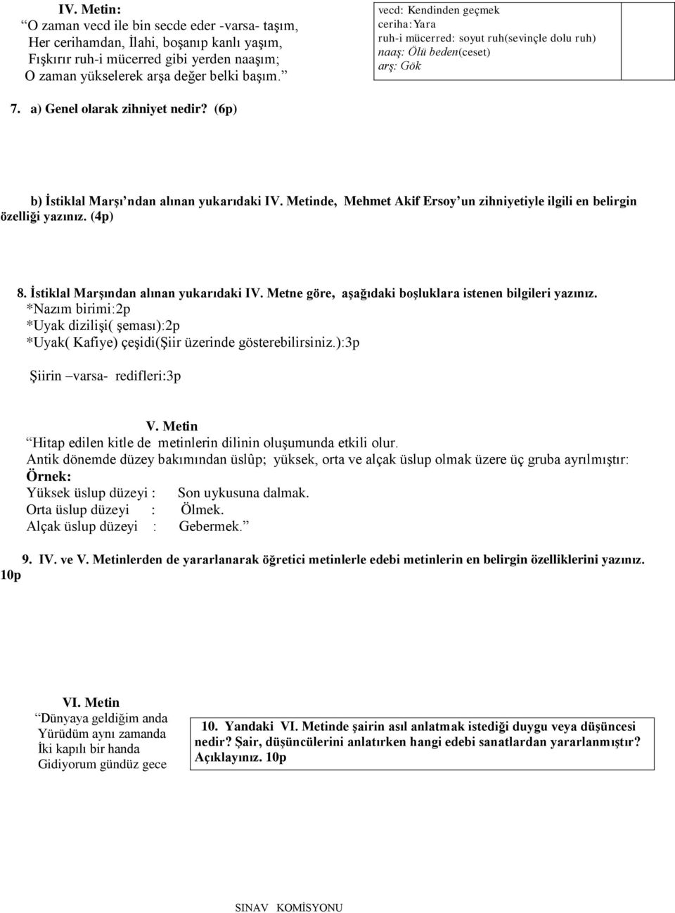 Metinde, Mehmet Akif Ersoy un zihniyetiyle ilgili en belirgin özelliği yazınız. (4p) 8. İstiklal Marşından alınan yukarıdaki IV. Metne göre, aşağıdaki boşluklara istenen bilgileri yazınız.