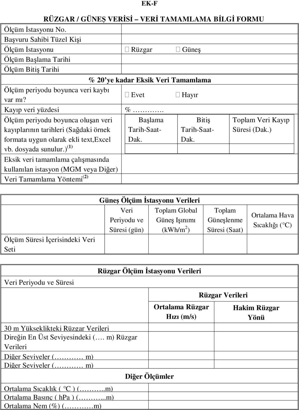 Ölçüm periyodu boyunca olu an veri kay plar n tarihleri (Sa daki örnek formata uygun olarak ekli text,excel vb. dosyada sunulur.) (1) Ba lama Tarih-Saat- Dak. Biti Tarih-Saat- Dak.