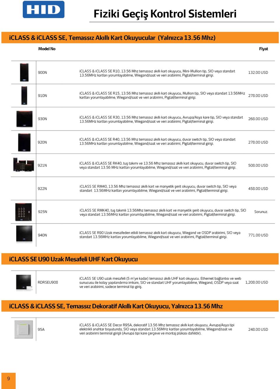 910N iclass & iclass SE R15, 13.56 Mhz temassız akıllı kart okuyucu, Mullion tip, SIO veya standart 13.56MHz kartları yorumlayabilme, Wiegand/saat ve veri arabirimi, Pigtail/terminal girişi. 278.