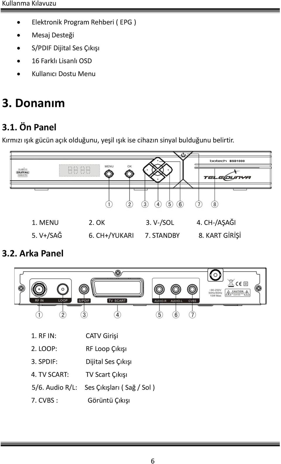 V-/SOL 4. CH-/AŞAĞI 5. V+/SAĞ 6. CH+/YUKARI 7. STANDBY 8. KART GİRİŞİ 3.2. Arka Panel 1. RF IN: CATV Girişi 2.
