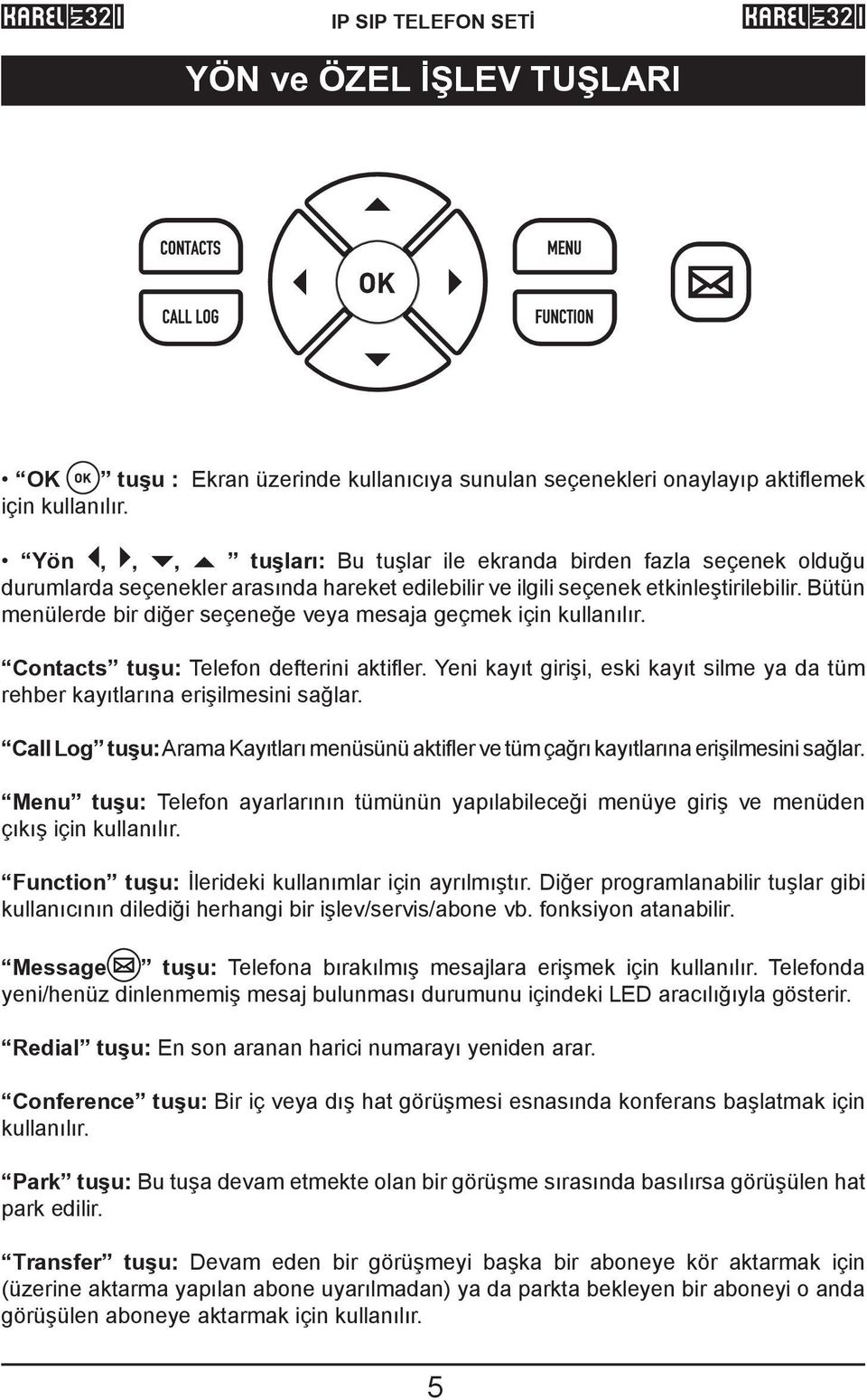 Bütün menülerde bir diğer seçeneğe veya mesaja geçmek için kullanılır. Contacts tuşu: Telefon defterini akti er. Yeni kayıt girişi, eski kayıt silme ya da tüm rehber kayıtlarına erişilmesini sağlar.