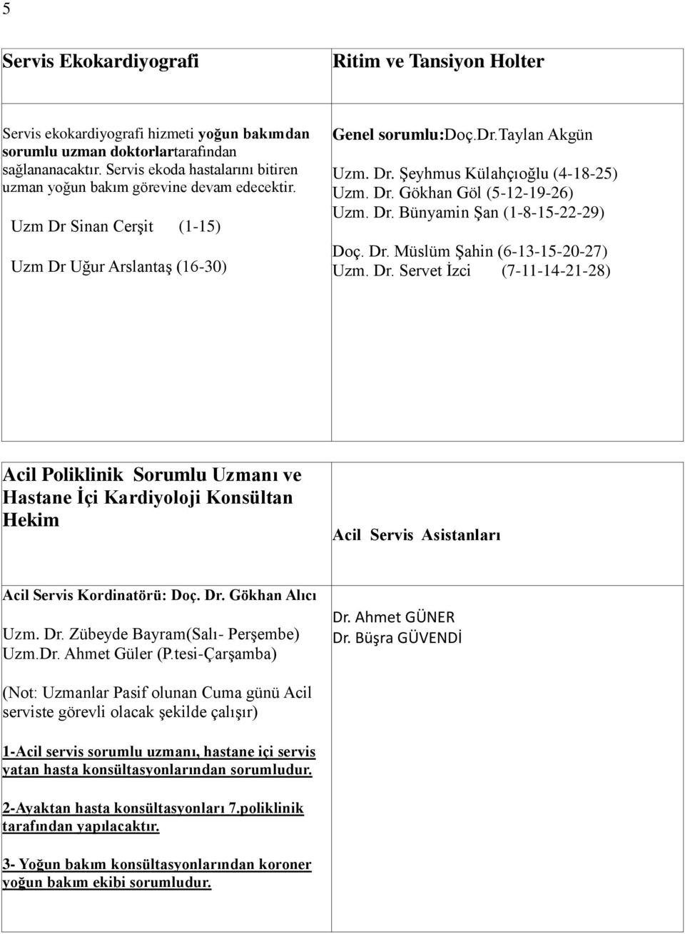 Dr. Gökhan Göl (5-12-19-26) Uzm. Dr. Bünyamin Şan (1-8-15-22-29) Doç. Dr. Müslüm Şahin (6-13-15-20-27) Uzm. Dr. Servet İzci (7-11-14-21-28) Acil Poliklinik Sorumlu Uzmanı ve Hastane İçi Kardiyoloji Konsültan Hekim Acil Servis Asistanları Acil Servis Kordinatörü: Doç.