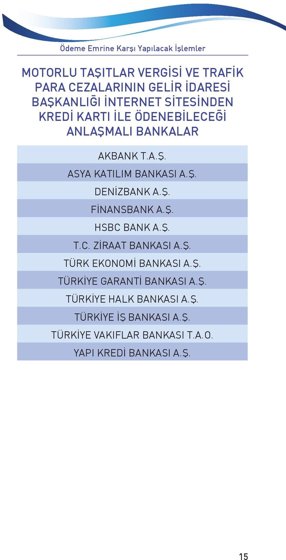 Ş. FİNANSBANK A.Ş. HSBC BANK A.Ş. T.C. ZİRAAT BANKASI A.Ş. TÜRK EKONOMİ BANKASI A.Ş. TÜRKİYE GARANTİ BANKASI A.Ş. TÜRKİYE HALK BANKASI A.