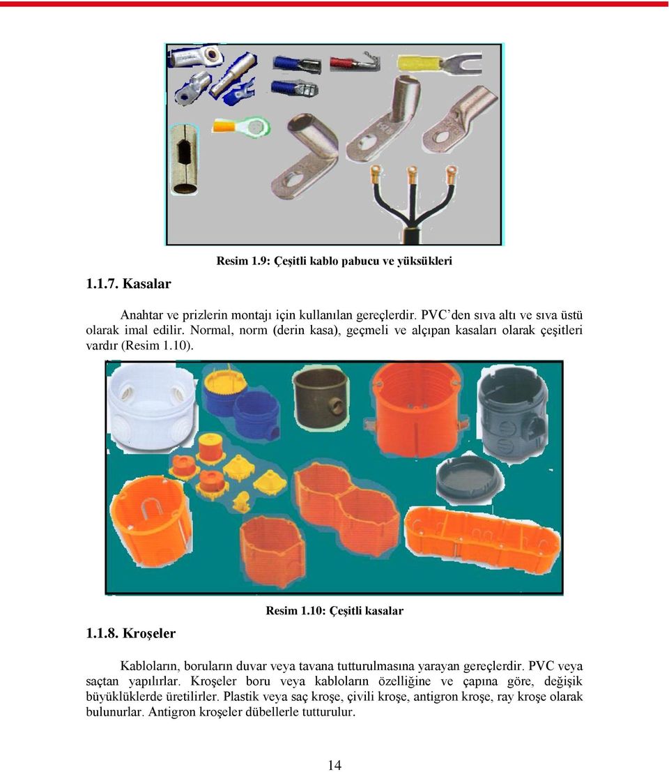 KroĢeler Resim 1.10: ÇeĢitli kasalar Kabloların, boruların duvar veya tavana tutturulmasına yarayan gereçlerdir. PVC veya saçtan yapılırlar.