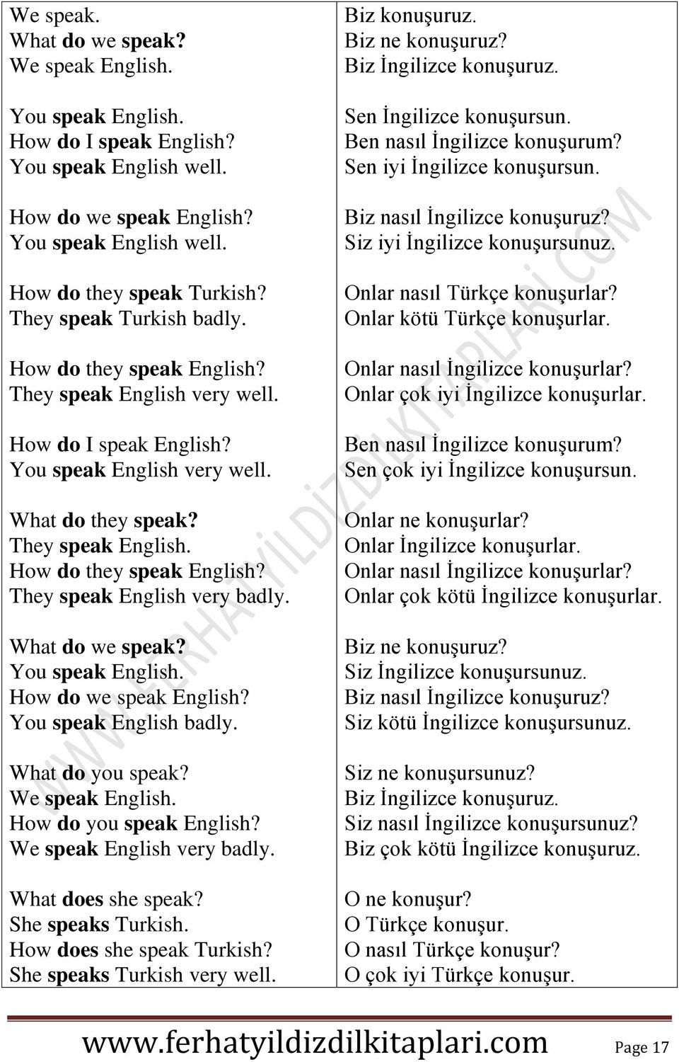 What do we speak? You speak English. How do we speak English? You speak English badly. What do you speak? We speak English. How do you speak English? We speak English very badly. What does she speak?