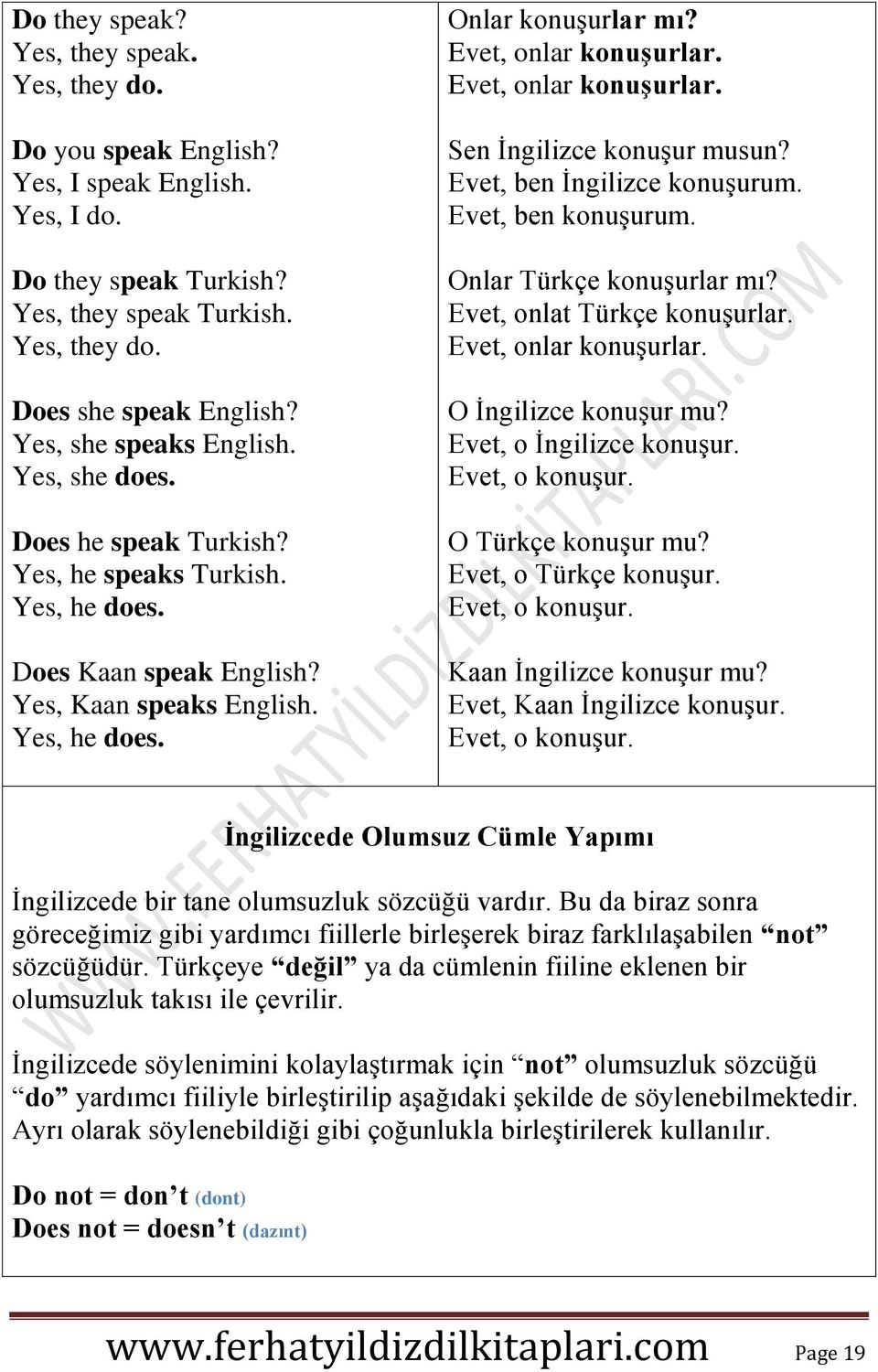 Evet, onlar konuşurlar. Evet, onlar konuşurlar. Sen İngilizce konuşur musun? Evet, ben İngilizce konuşurum. Evet, ben konuşurum. Onlar Türkçe konuşurlar mı? Evet, onlat Türkçe konuşurlar.