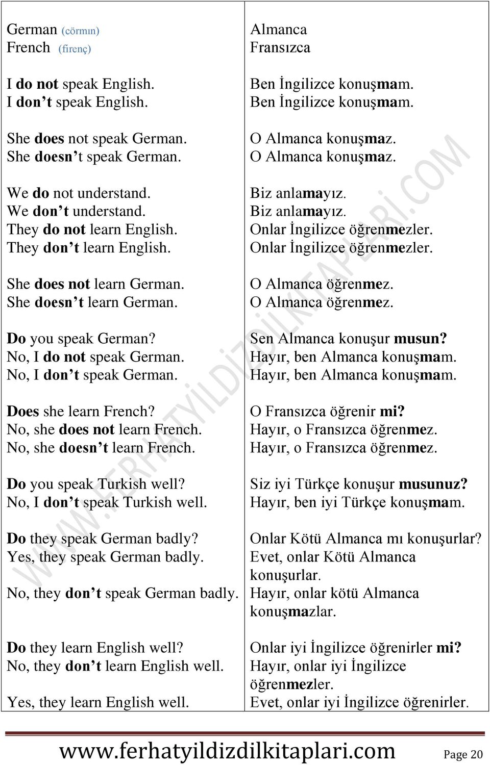 Does she learn French? No, she does not learn French. No, she doesn t learn French. Do you speak Turkish well? No, I don t speak Turkish well. Do they speak German badly? Yes, they speak German badly.