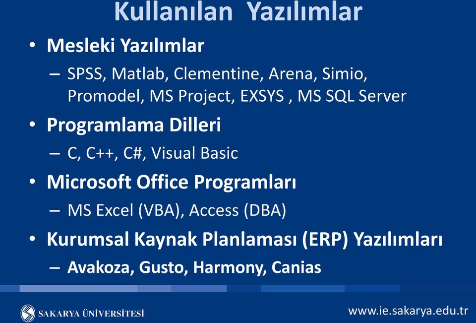 C++, C#, Visual Basic Microsoft Office Programları MS Excel (VBA), Access