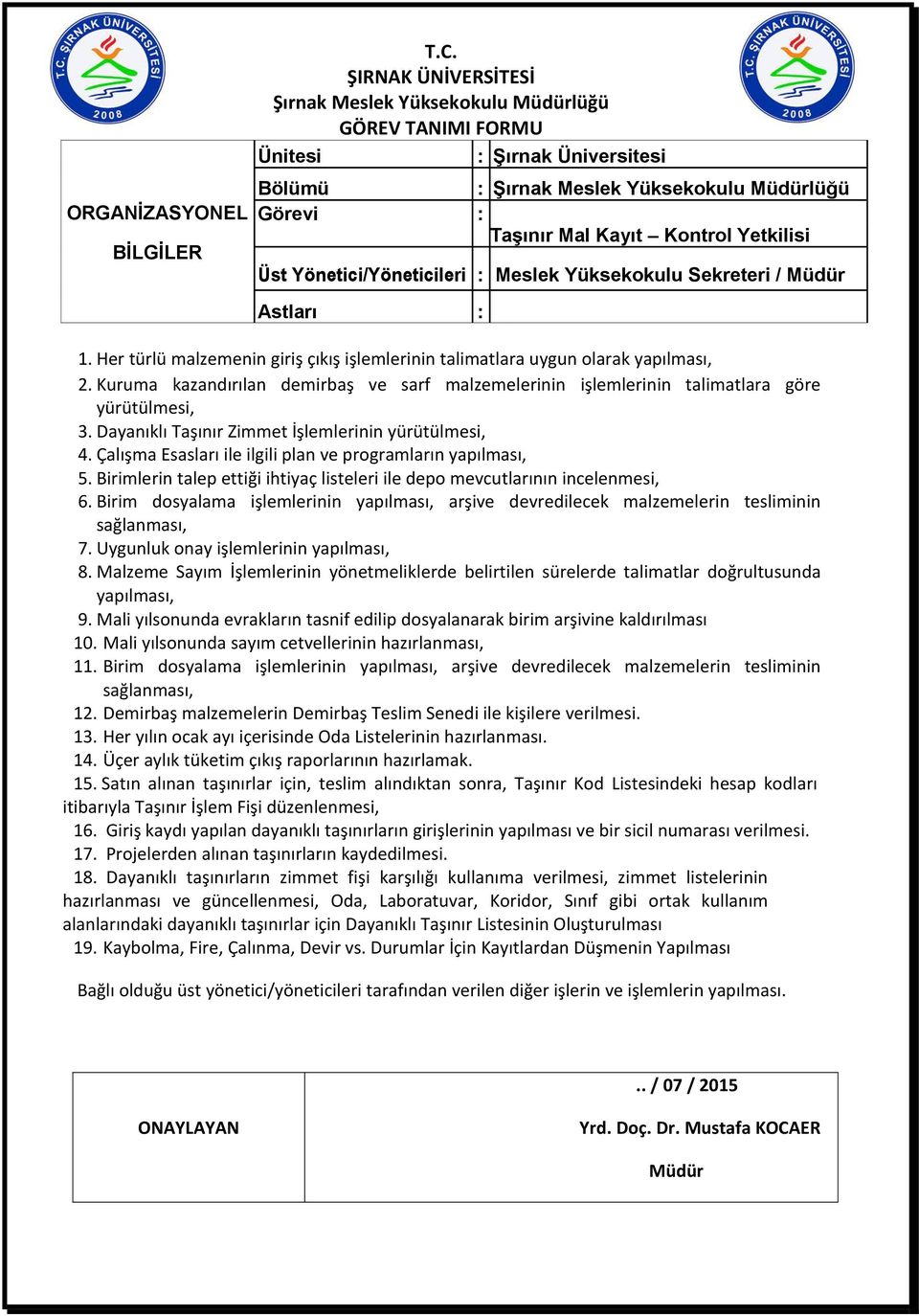 Çalışma Esasları ile ilgili plan ve programların yapılması, 5. Birimlerin talep ettiği ihtiyaç listeleri ile depo mevcutlarının incelenmesi, 6.