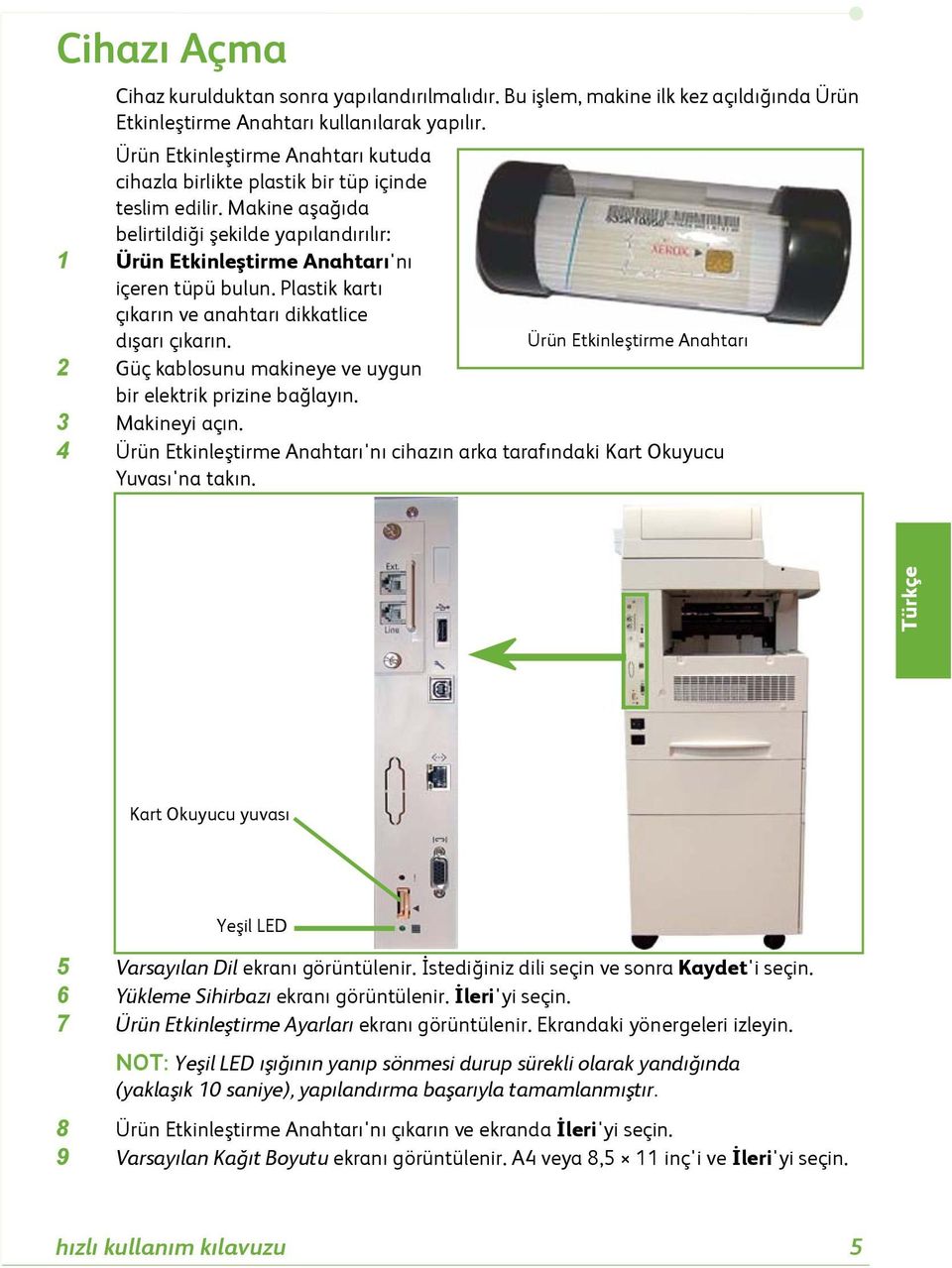 Plastik kartı çıkarın ve anahtarı dikkatlice dışarı çıkarın. Ürün Etkinleştirme Anahtarı 2 Güç kablosunu makineye ve uygun bir elektrik prizine bağlayın. 3 Makineyi açın.